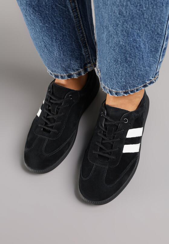 Czarno-Białe Skórzane Sneakersy na Płaskiej Podeszwie Ozdobione Paskami Nelavirae 3