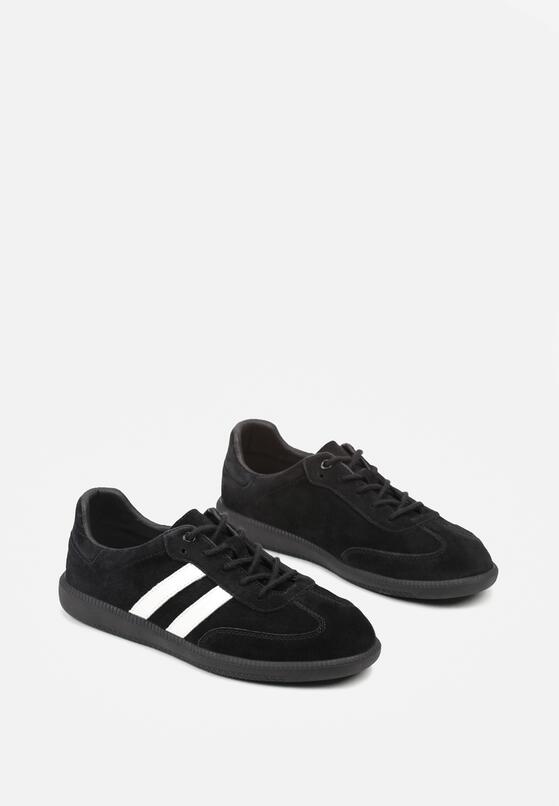Czarno-Białe Skórzane Sneakersy na Płaskiej Podeszwie Ozdobione Paskami Nelavirae 5