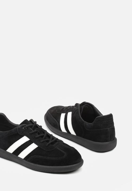 Czarno-Białe Skórzane Sneakersy na Płaskiej Podeszwie Ozdobione Paskami Nelavirae 6