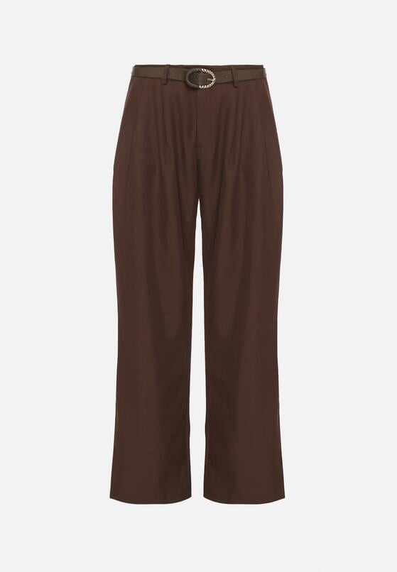 Brązowe Szerokie Spodnie Garniturowe z Paskiem z Klamrą w Kształcie Muszelki Setera 6