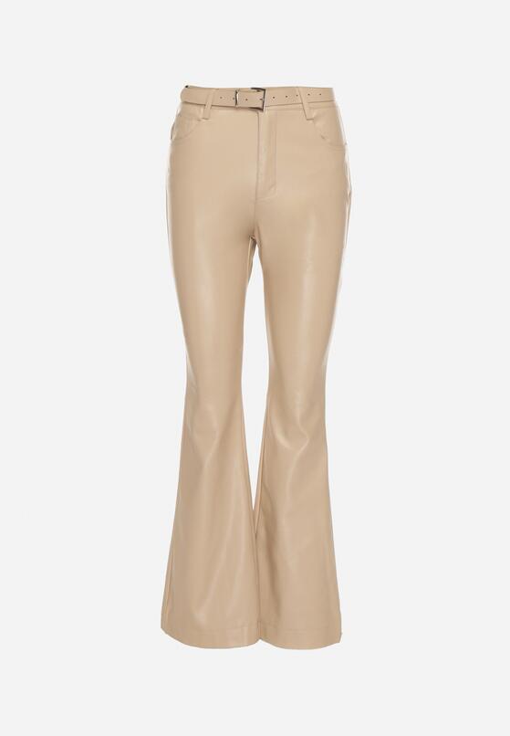 Beżowe Spodnie Dzwony z Imitacji Skóry Vebora 6