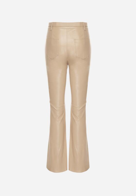 Beżowe Spodnie Dzwony z Imitacji Skóry Vebora 7
