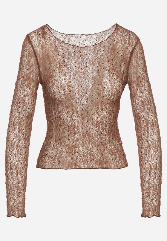 Brązowa Koronkowa Bluzka z Długimi Rękawami Zdobiona Cyrkoniami Isoleda 6