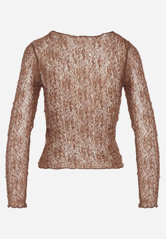 Brązowa Koronkowa Bluzka z Długimi Rękawami Zdobiona Cyrkoniami Isoleda 7