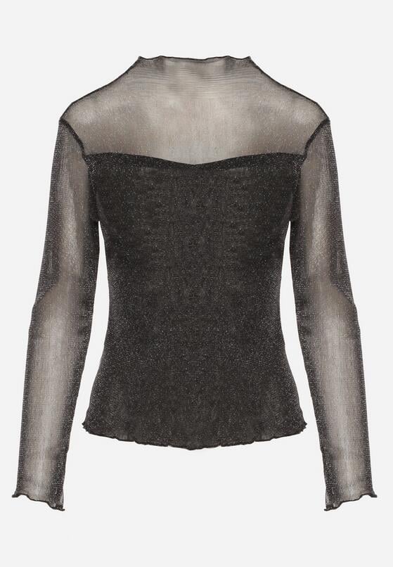 Czarna Siateczkowa Bluzka z Długimi Rękawami i Golfem z Metaliczną Nicią Azisa 6