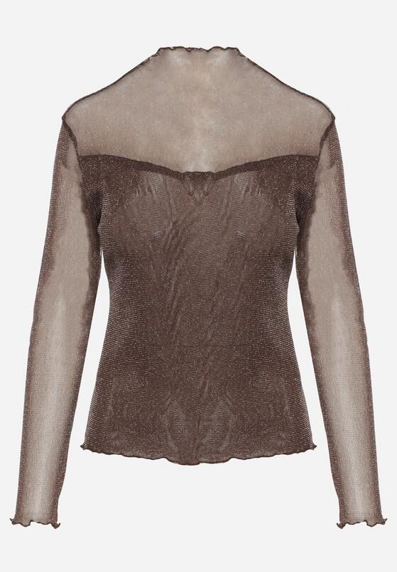 Brązowa Siateczkowa Bluzka z Długimi Rękawami i Golfem z Metaliczną Nicią Azisa 6