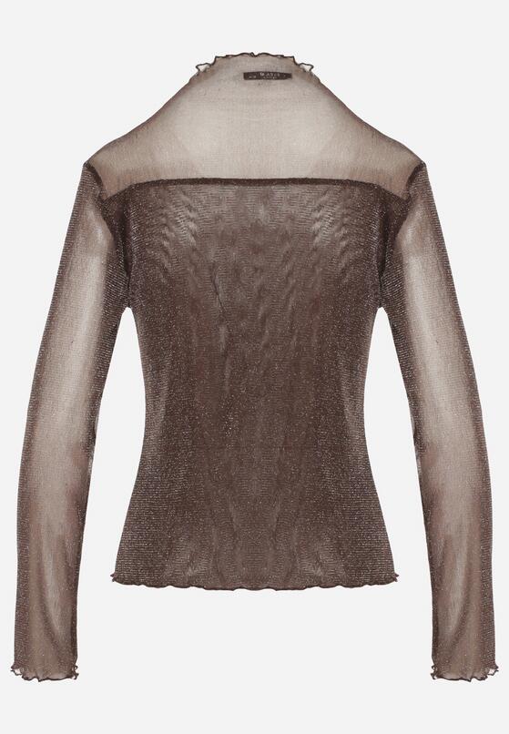 Brązowa Siateczkowa Bluzka z Długimi Rękawami i Golfem z Metaliczną Nicią Azisa 7