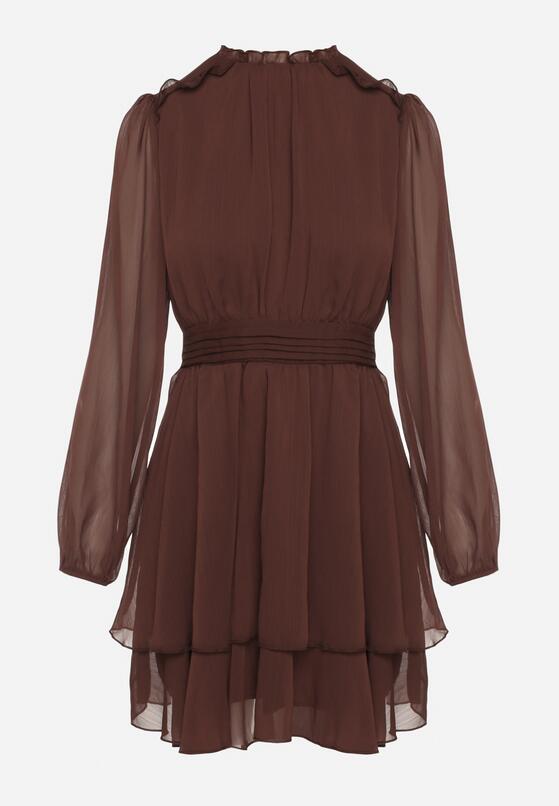 Brązowa Rozkloszowana Sukienka Siateczkowa z Bufiastymi Rękawami Isovana 6