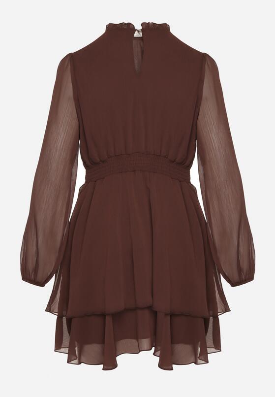 Brązowa Rozkloszowana Sukienka Siateczkowa z Bufiastymi Rękawami Isovana 7