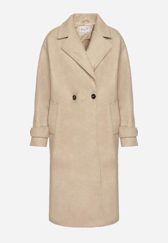 Beżowy Dwurzędowy Płaszcz Oversize z Wełny i Wiskozy w Eleganckim Stylu Tiliavia 6
