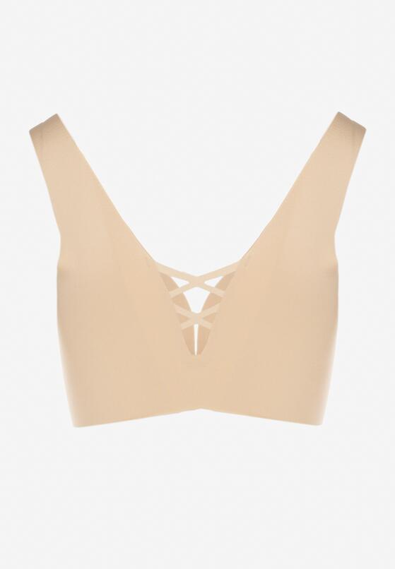 Beżowy Biustonosz Sportowy z Siateczką i Gorsetowym Zdobieniem Saliatessa 6