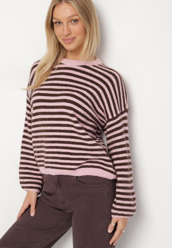 Różowy Sweter Oversize w Paski z Dodatkiem Wełny i Wiskozy Tianalla 1