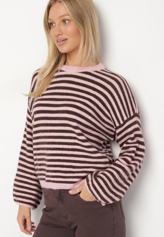 Różowy Sweter Oversize w Paski z Dodatkiem Wełny i Wiskozy Tianalla 2