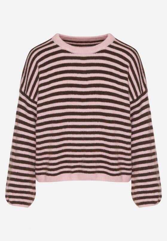 Różowy Sweter Oversize w Paski z Dodatkiem Wełny i Wiskozy Tianalla 6