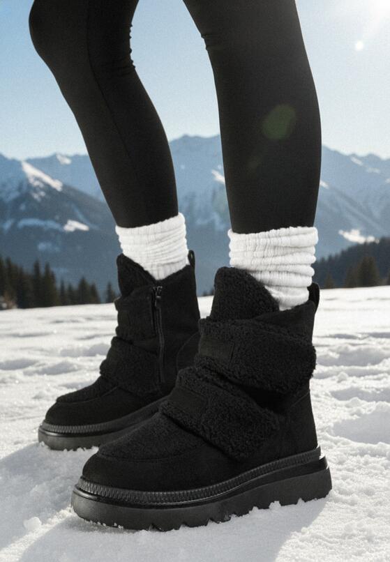 Czarne Botki Śniegowce na Grubej Podeszwie Ozdobione Szerokimi Rzepami Amerria 1