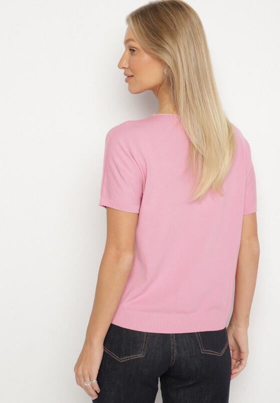 Różowy Dzianinowy T-shirt z Dekoltem w Kształcie Litery V Fenima 3