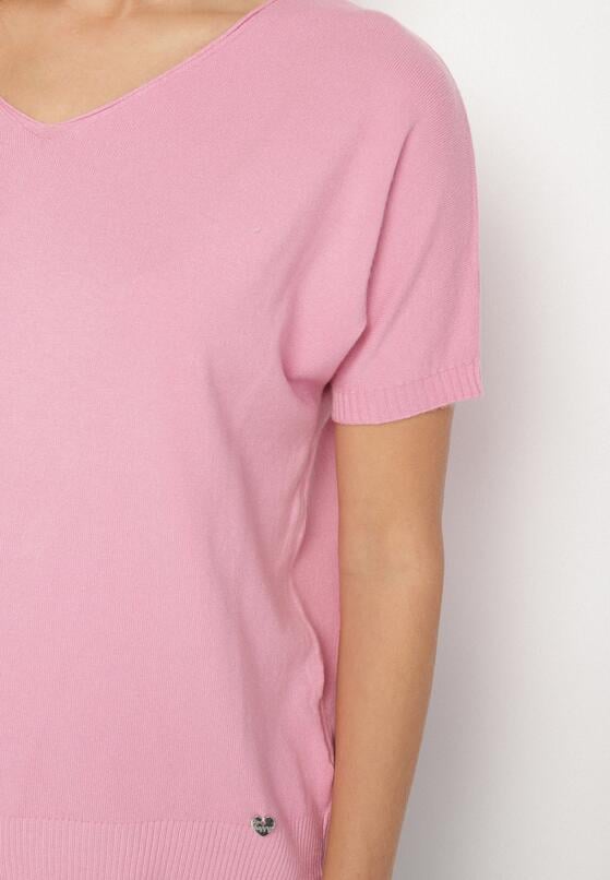 Różowy Dzianinowy T-shirt z Dekoltem w Kształcie Litery V Fenima 5