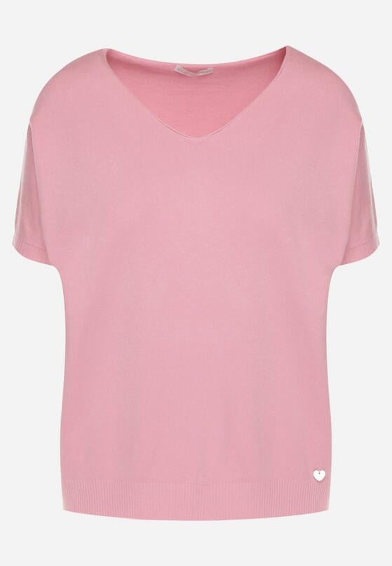 Różowy Dzianinowy T-shirt z Dekoltem w Kształcie Litery V Fenima 6