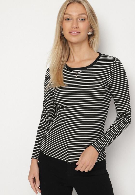 Czarna Bluzka Typu Longsleeve w Paski Ozdobiona Cyrkoniami Ralinella 4