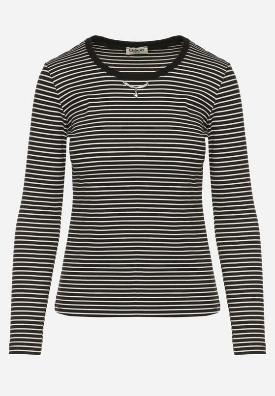 Czarna Bluzka Typu Longsleeve w Paski Ozdobiona Cyrkoniami Ralinella 6