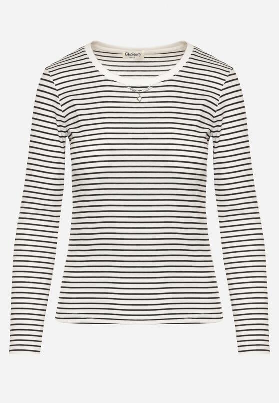 Biała Bluzka Typu Longsleeve w Paski Ozdobiona Cyrkoniami Ralinella 6