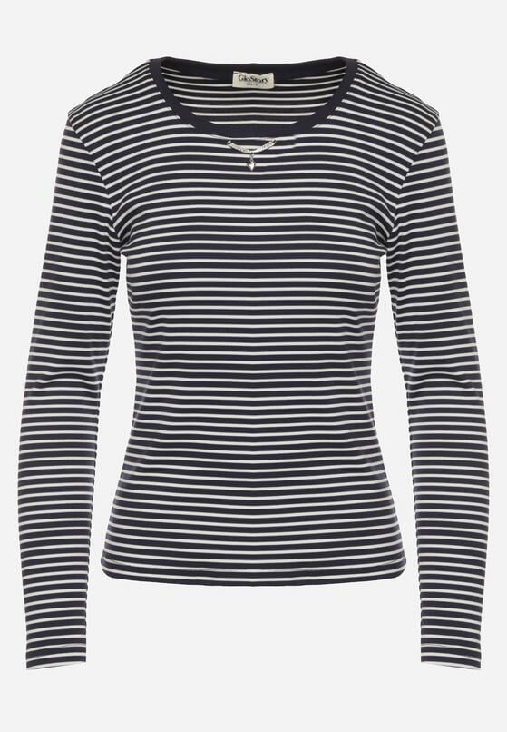 Granatowa Bluzka Typu Longsleeve w Paski Ozdobiona Cyrkoniami Ralinella 6