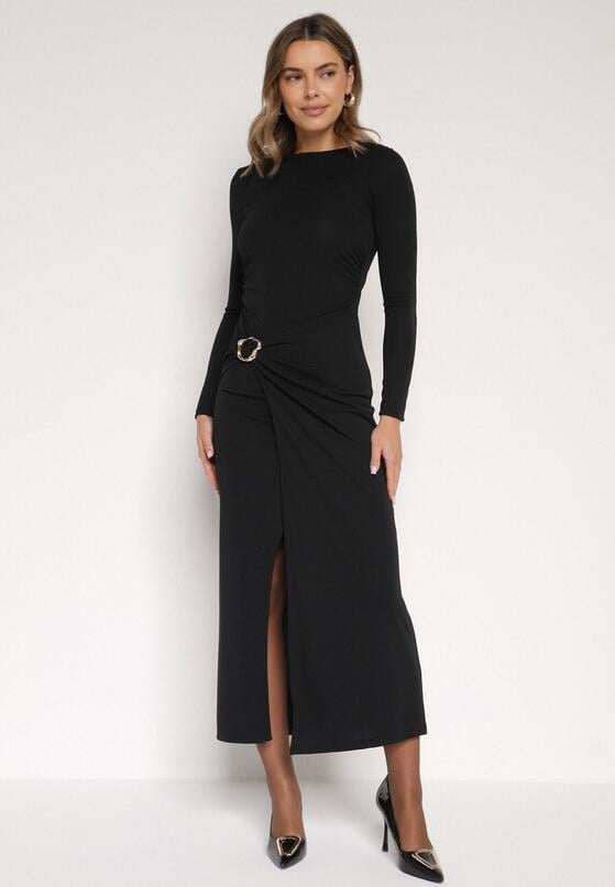 Czarna Sukienka Koktajlowa z Aplikacją z Marszczeniem na Biodrach Rariana 2