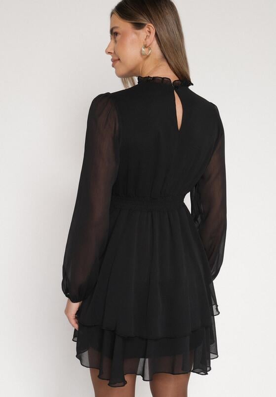 Czarna Rozkloszowana Sukienka Siateczkowa z Bufiastymi Rękawami Isovana 3