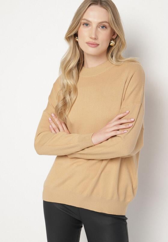 Beżowy Gładki Sweter z Rękawami Typu Nietoperz Ralanevia 2