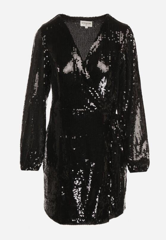 Czarna Cekinowa Sukienka o Kopertowym Kroju z Wiązaniem w Talii Eprelle 6