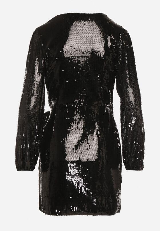 Czarna Cekinowa Sukienka o Kopertowym Kroju z Wiązaniem w Talii Eprelle 7
