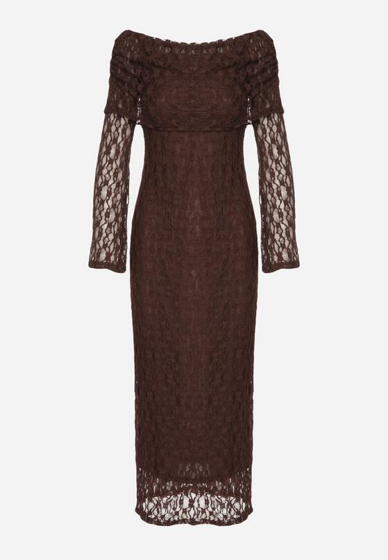 Brązowa Koktajlowa Sukienka z Odkrytymi Ramionami z Koronki Eperrie 6