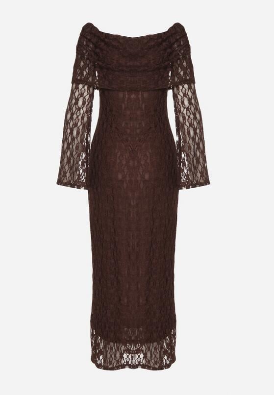Brązowa Koktajlowa Sukienka z Odkrytymi Ramionami z Koronki Eperrie 7