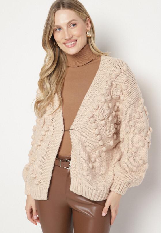 Ciemnobeżowy Kardigan Ozdobiony Pomponami Besida 1