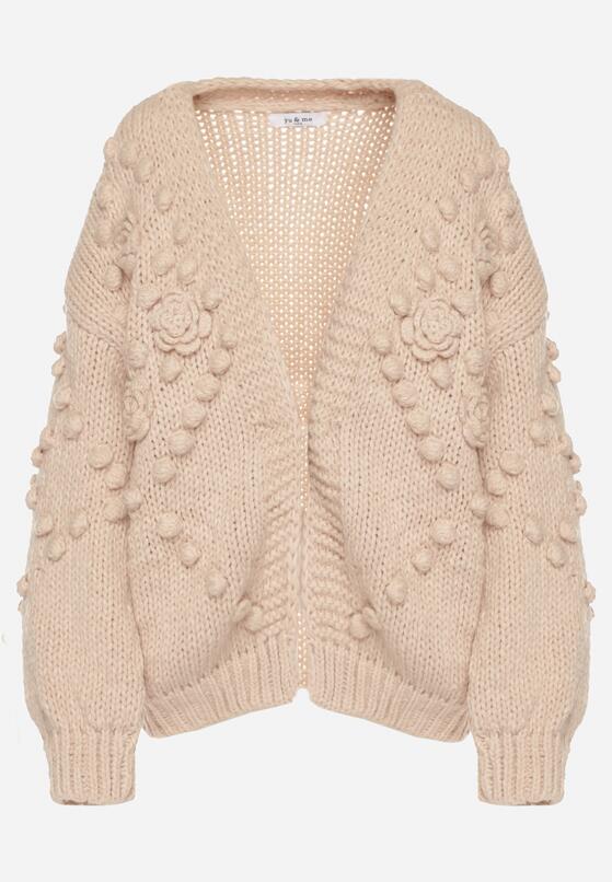 Ciemnobeżowy Kardigan Ozdobiony Pomponami Besida 6