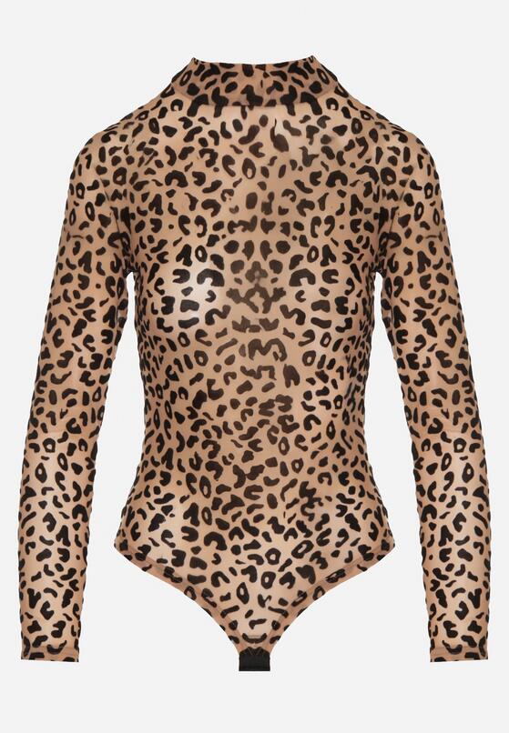 Beżowe Body w Panterkę z Domieszką Wiskozy z Długim Rękawem i Stójką Eclana 4