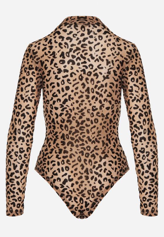Beżowe Body w Panterkę z Domieszką Wiskozy z Długim Rękawem i Stójką Eclana 5