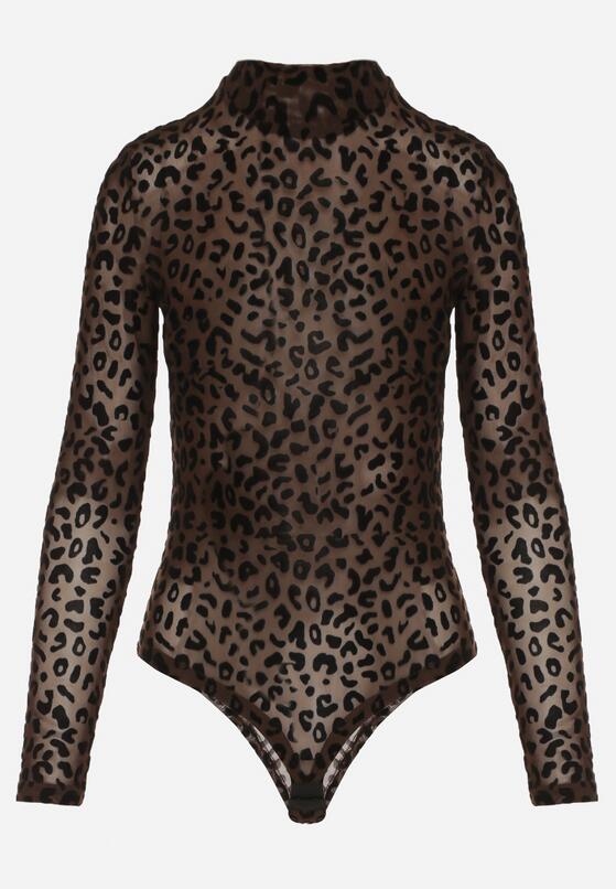 Brązowe Body w Panterkę z Domieszką Wiskozy z Długim Rękawem i Stójką Eclana 4