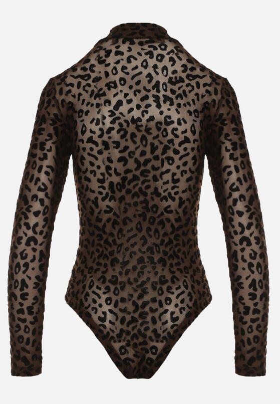Brązowe Body w Panterkę z Domieszką Wiskozy z Długim Rękawem i Stójką Eclana 5