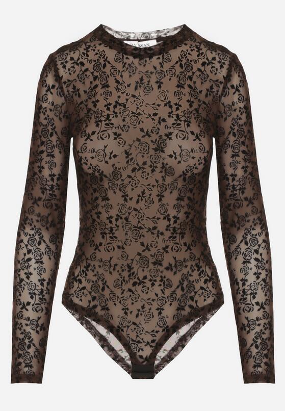 Brązowe Body z Dodatkiem Wiskozy z Długim Rękawem i Welurowym Wzorem w Kwiaty Eclena 4