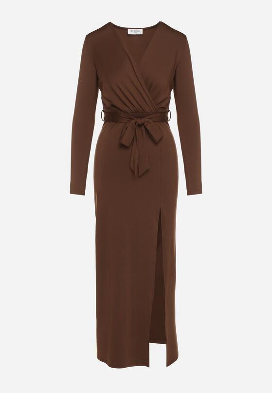 Brązowa Sukienka Kopertowa z Wiskozą Zdobiona Rozcięciem i Wiązanym Paskiem Teslea 6