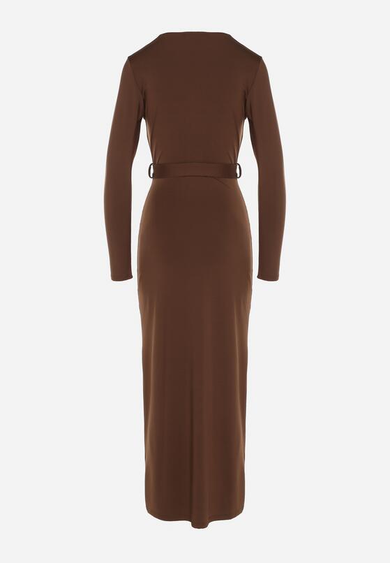 Brązowa Sukienka Kopertowa z Wiskozą Zdobiona Rozcięciem i Wiązanym Paskiem Teslea 7