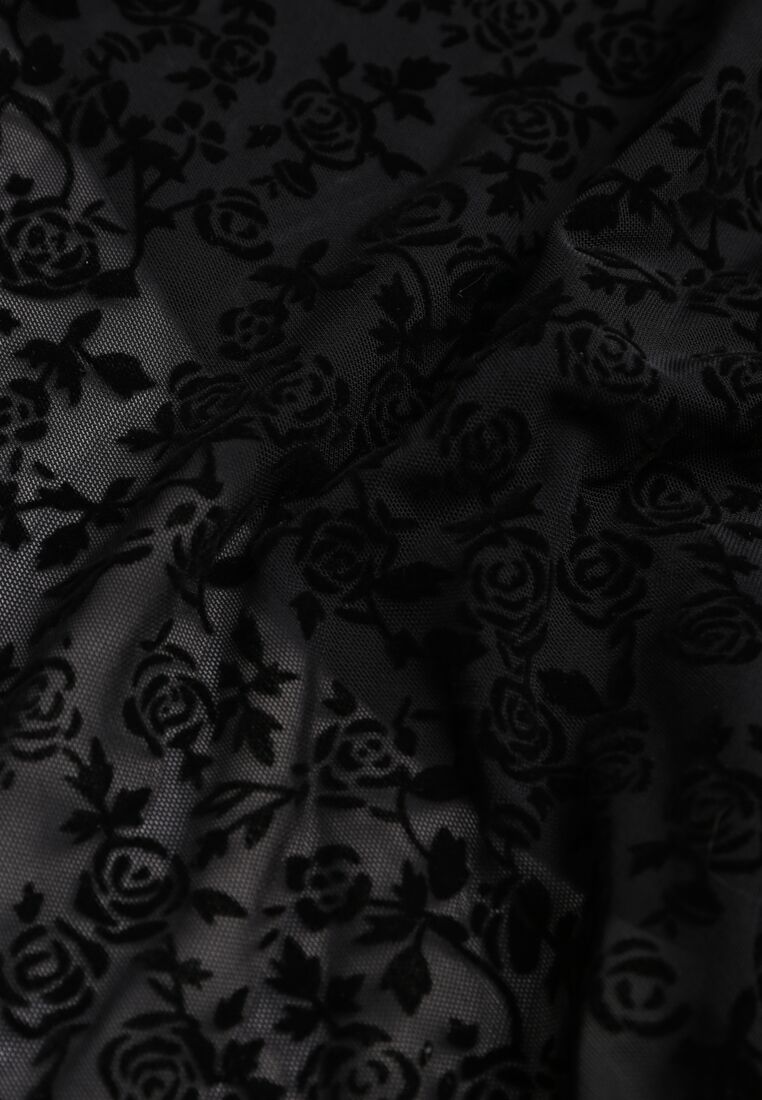 Czarna Dopasowana Sukienka Koktajlowa z Wiskozą z Welurowym Wzorem Kwiatów Alerre 8