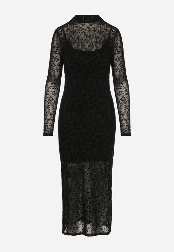 Czarna Dopasowana Sukienka Koktajlowa z Wiskozą z Welurowym Wzorem Kwiatów Alerre 6