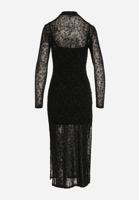 Czarna Dopasowana Sukienka Koktajlowa z Wiskozą z Welurowym Wzorem Kwiatów Alerre 7