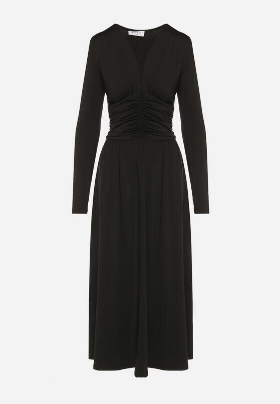 Czarna Marszczona Sukienka Taliowana z Wiskozą z Dekoltem V i Długim Rękawem Emirie 6