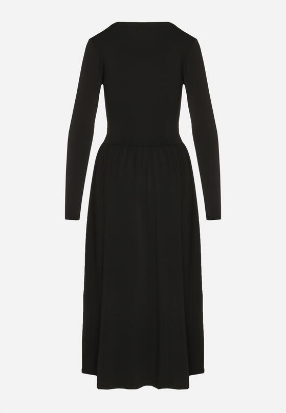 Czarna Marszczona Sukienka Taliowana z Wiskozą z Dekoltem V i Długim Rękawem Emirie 7