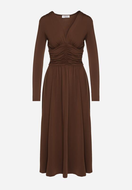 Brązowa Marszczona Sukienka Taliowana z Wiskozą z Dekoltem V i Długim Rękawem Emirie 6