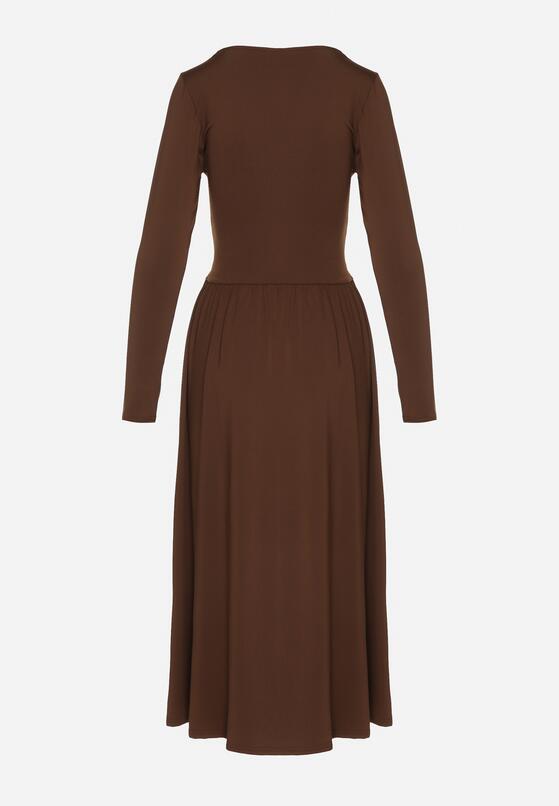 Brązowa Marszczona Sukienka Taliowana z Wiskozą z Dekoltem V i Długim Rękawem Emirie 7