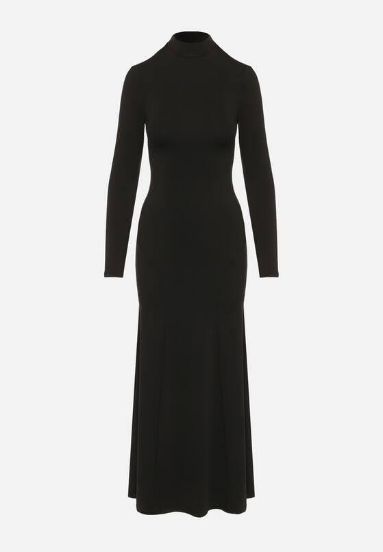 Czarna Taliowana Sukienka Koktajlowa z Wiskozą i Półgolfem Zozelira 6